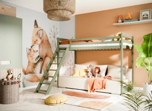 SOFINO 90x200/140x200 olive green loft bed with sofa bed, fabric beige poso 38 Lano Furniture
