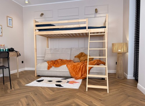 SAVIO 90x200/140x200 cashmere loft bed with fold-out sofa, beige perfect harmony 02 fabric Lano Furniture