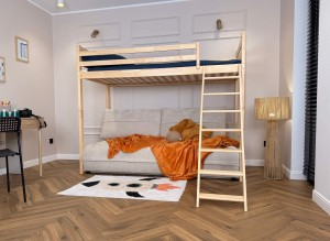 SAVIO 90x200/140x200 light grey loft bed with fold-out sofa, beige perfect harmony 02 fabric Lano Furniture