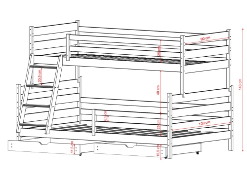 FAMI 90x200/120x200 olive green bunk bed with wider lower deck Lano Furniture