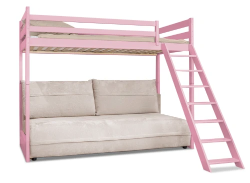 SAVIO 90x200/140x200 pink loft bed with fold-out sofa, beige perfect harmony 02 fabric Lano Furniture