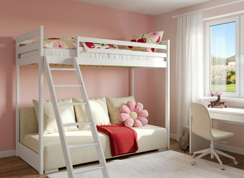 SOFINO 90x200/140x200 white loft bed with sofa bed in beige fabric poso 38 Lano Furniture