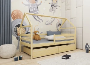 ARON 90x200 Untreated Wood Children's Single House Bed Lano Furniture
