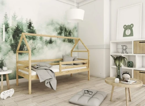 ARON 90x200 Untreated Wood Children's Single House Bed Lano Furniture