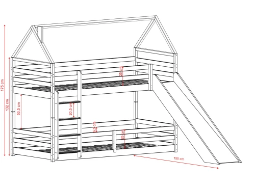 PLAY 90x190 Unpainted Wood House Bunk Bed with Slide | Lano Meble