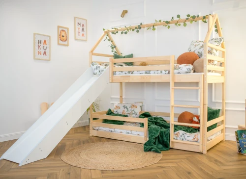 PLAY 90x190 Unpainted Wood House Bunk Bed with Slide | Lano Meble