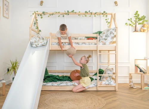 PLAY 90x190 Unpainted Wood House Bunk Bed with Slide | Lano Meble
