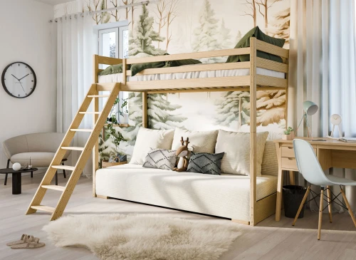 SOFINO 90x200/140x200 Loft Bed - Untreated Wood with Beige Fabric Sofa Bed | Lano Meble