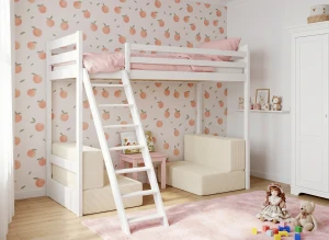 SOFENA 90x200 white loft bed with modular sofa, beige fabric, 38 Lano Furniture