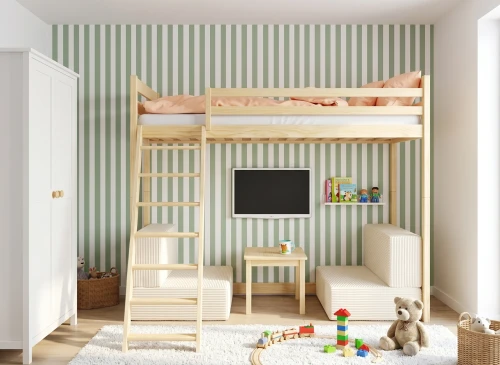 SOFENA 90x200 unvarnished wood mezzanine bed with modular sofa beige fabric poso 38 Lano Furniture