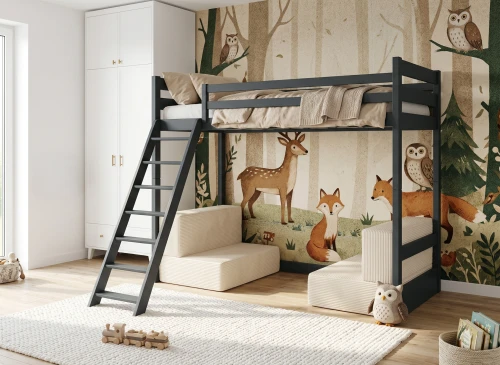 SOFENA 90x200 graphite mezzanine bed with modular sofa, beige fabric, poso 38 Lano Furniture