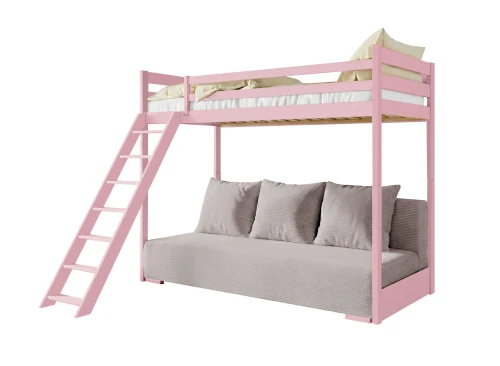 SOFINO 90x200/140x200 pink mezzanine bed with a sofa bed in light gray fabric, zoom dove 19 Lano Furniture