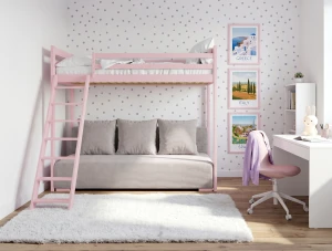 SOFINO 90x200/140x200 pink mezzanine bed with a sofa bed in light gray fabric, zoom dove 19 Lano Furniture
