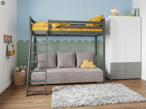 SOFINO 90x200/140x200 graphite bed on the mezzanine with a sofa bed in light gray fabric zoom dove 19 Lano Furniture