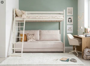 SAVIO 90x200/140x200 Loft Bed with Fold-Out Sofa, Cotton Fabric Perfect Harmony 02 - Lano Furniture