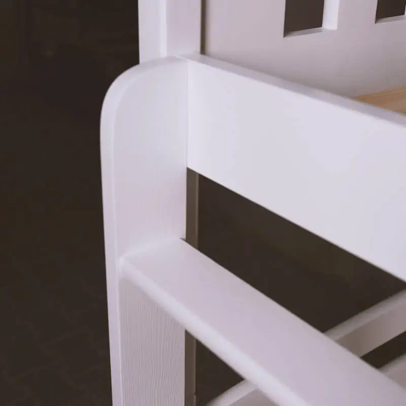 Close-up of the upper part of a bunk bed staircase – white, with rounded edges