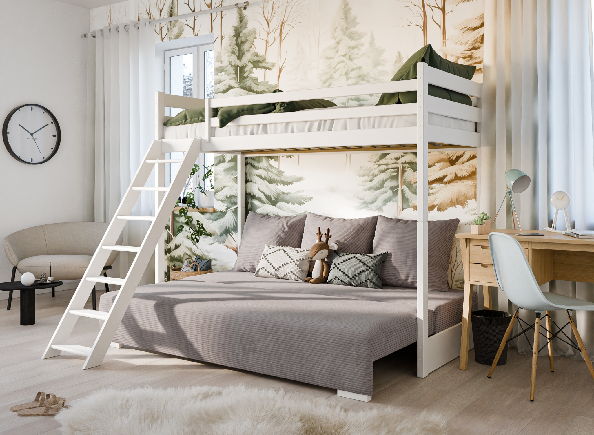Cotton SOFINO bunk bed 90x200/140x200 with a light grey sofa in a teenager's room – Lano Meble