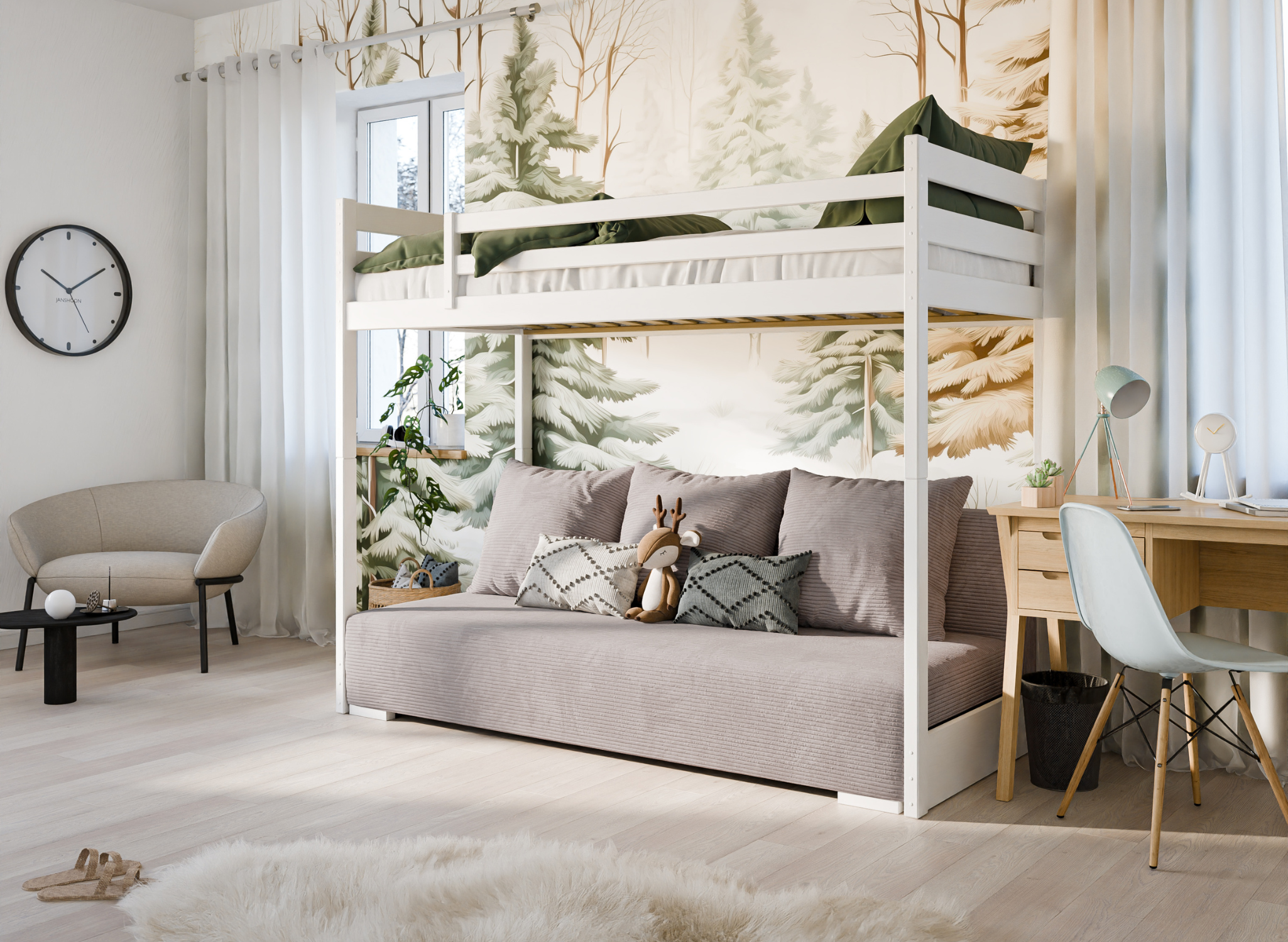 SOFINO Cotton mezzanine bed with a light grey fold-out sofa – Lano Meble