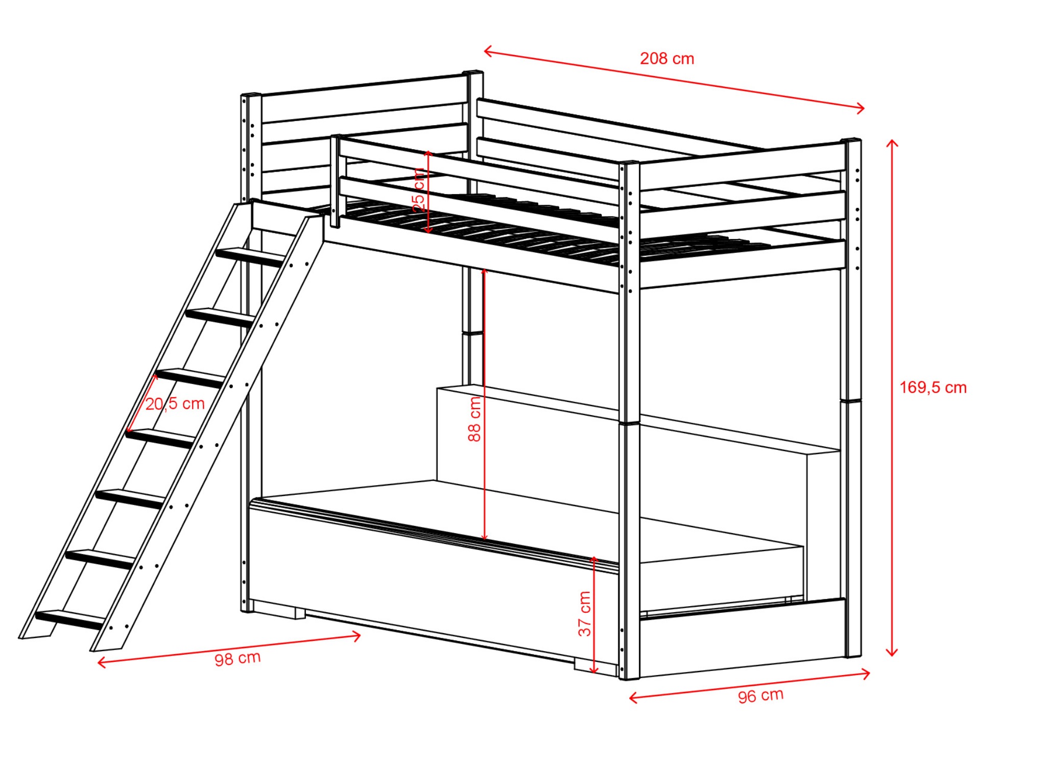 Technical drawing of the SOFINO bunk bed 90x200/140x200 – Lano Meble