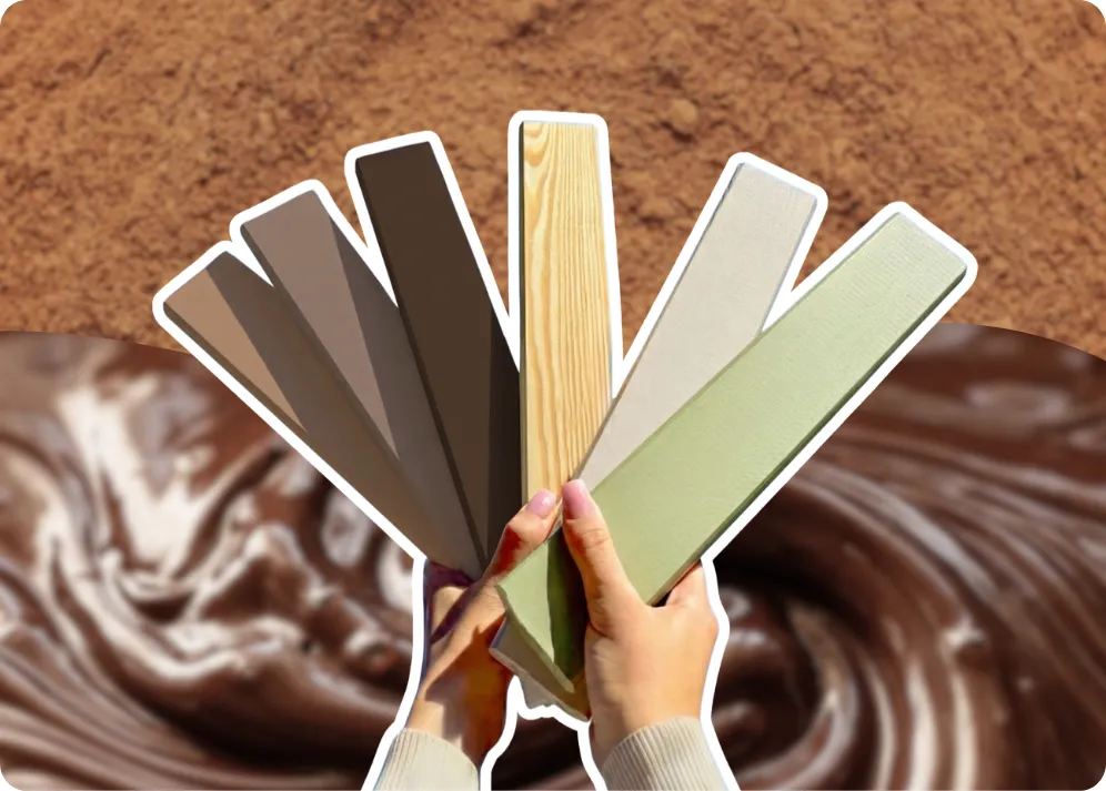 Six wooden colour samples held by two hands against a background of cinnamon texture and liquid chocolate. Each sample is a different colour: cinnamon, milk chocolate, dark chocolate, pine, cashmere and olive green.