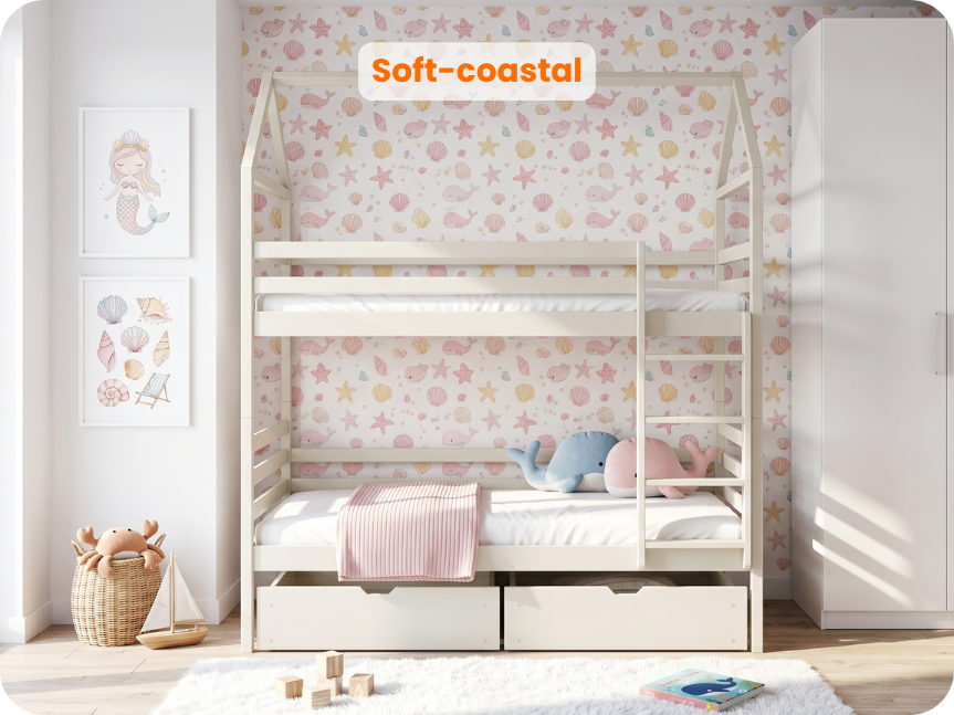 Cotton children's bunk bed shaped like a house in a girl’s room, “Soft-coastal”