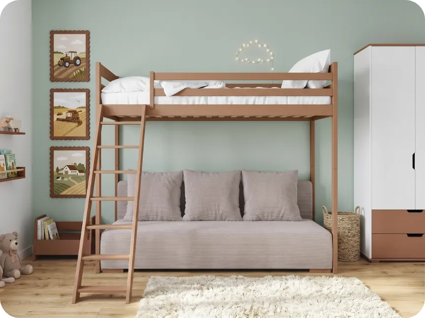 Cinnamon loft bed with a sofa in a youth room
