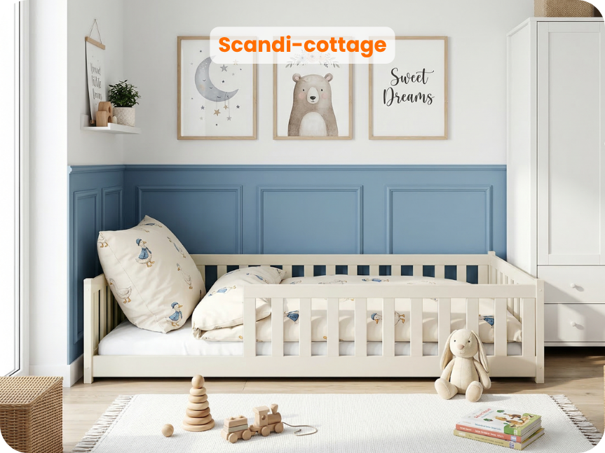 Cotton low double bed in a boy’s room, “Scandi Cottage”