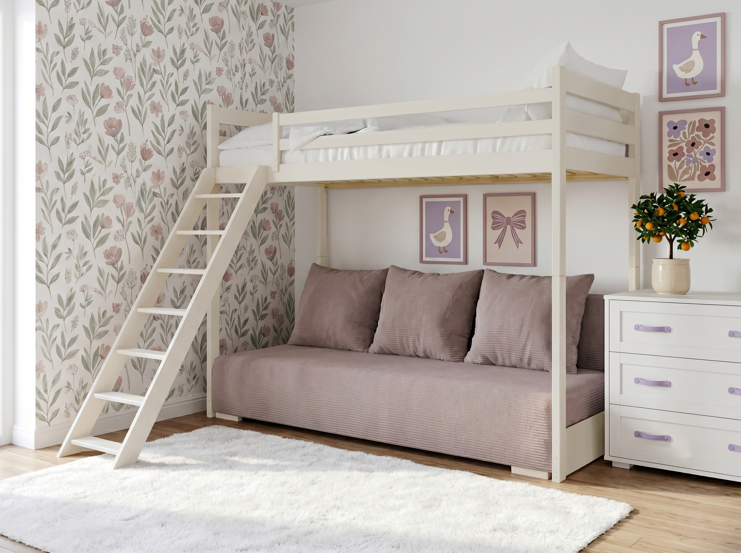 Cotton SOFINO bunk bed with a light grey sofa in a children's room arrangement – Lano Meble