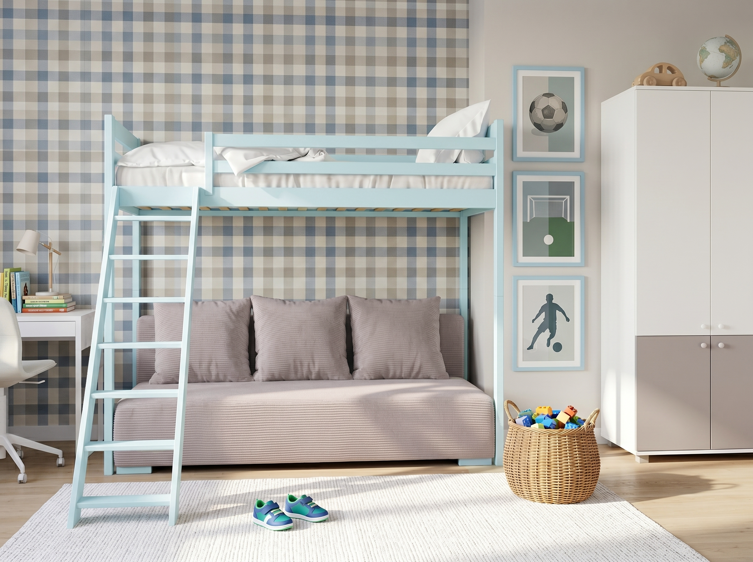 Light Blue SOFINO bunk bed with a light grey sofa in a children's room arrangement – Lano Meble