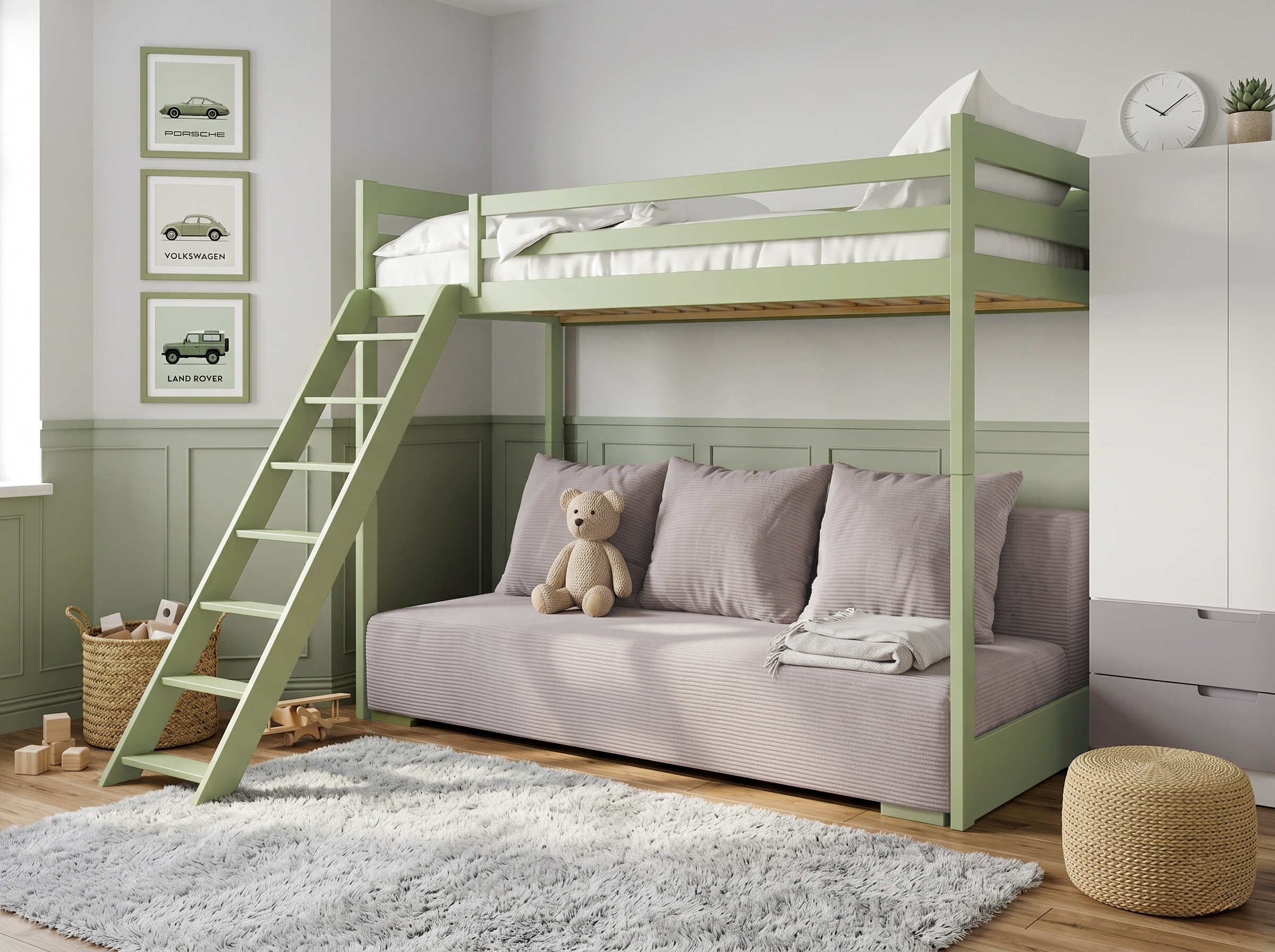 Olive SOFINO bunk bed with a light grey sofa in a children's room arrangement – Lano Meble